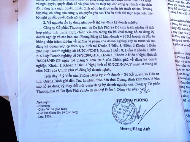Công văn ngày 5/2 của Phòng ĐKKD gửi TAND tỉnh Quảng Bình