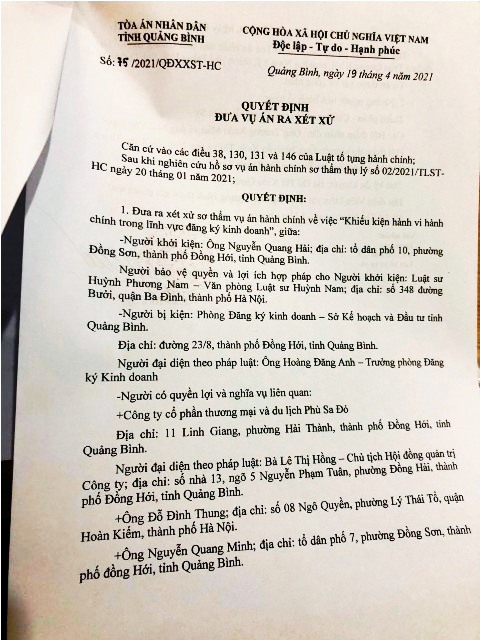 Quảng Bình: Phòng Đăng ký kinh doanh (Sở Kế hoạch & Đầu tư) bị kiện hành chính