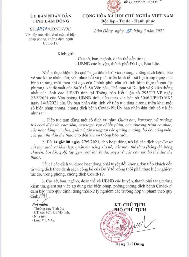 Văn bản của UBND tỉnh Lâm Đồng ký lúc 11 giờ 35 phút ngày 27.5.2021