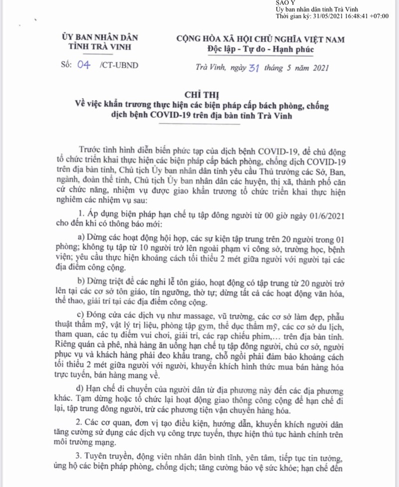 Tỉnh Trà Vinh ra chỉ thị về việc khẩn trương thực hiện các biện pháp cấp bách phòng chống dịch Covid-19