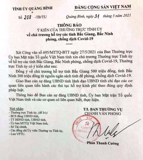 Ý kiến của Thường trực tỉnh ủy về chủ trương hỗ trợ các tỉnh Bắc Giang, Bắc Ninh phòng chống dịch Covid-19