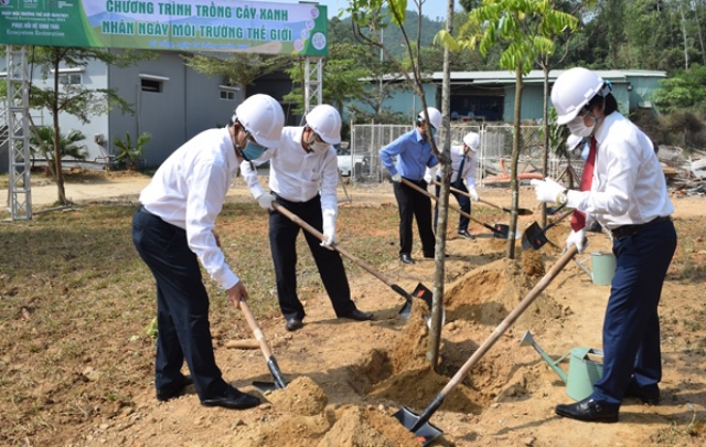 L&atilde;nh đạo quận Li&ecirc;n Chiểu v&agrave; Sở T&agrave;i nguy&ecirc;n v&agrave; M&ocirc;i trường (b&igrave;a phải) trồng c&acirc;y xanh trong khu&ocirc;n vi&ecirc;n c&ocirc;ng tr&igrave;nh, hưởng ứng Ng&agrave;y M&ocirc;i trường thế giới 5/6.
