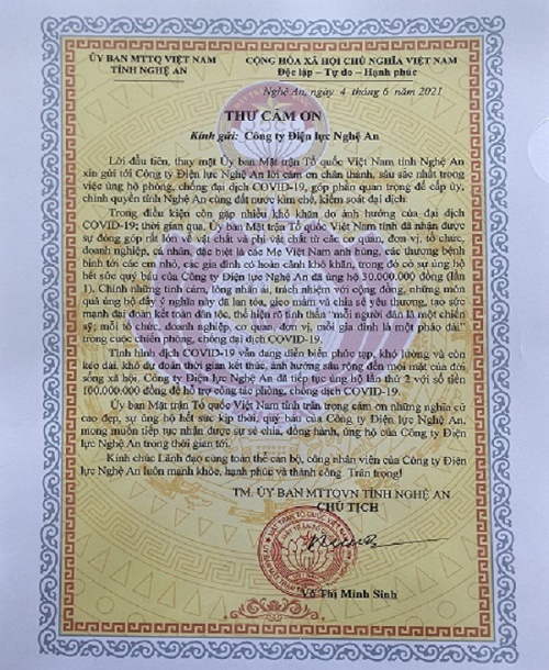 Thư cảm ơn của Ủy ban MTTQ tỉnh Nghệ An gửi Công ty Điện lực Nghệ An