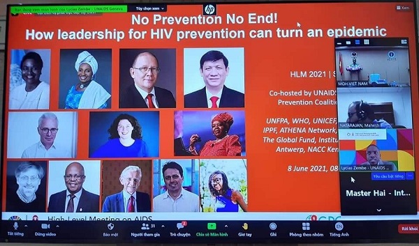 GS.TS Nguyễn Thanh Long- Bộ trưởng Bộ Y tế Việt Nam cùng các nhà lãnh đạo, Bộ trưởng, Đại sứ diễn giả đến từ UNAIDS, UNFPA và một số quốc gia tham gia phiên họp tối ngày 8/6