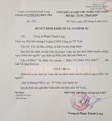 Nghệ An: Khởi tố vụ án 'Làm lây nhiễm dịch bệnh nguy hiểm cho người'