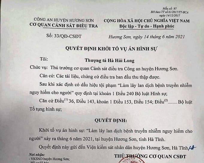 Hà Tĩnh: Công an Hương Sơn khởi tố vụ án hình sự làm lây lan dịch bệnh
