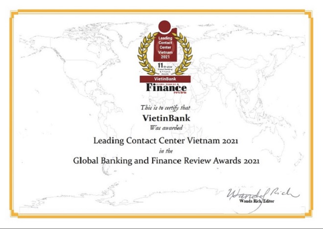 Ngân hàng VietinBank vinh dự nhận giải thưởng ''Trung tâm Dịch vụ khách hàng dẫn đầu Việt Nam''