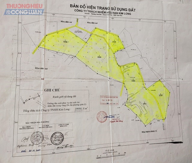 bản đồ bản đồ hiện trạng sử dụng đất tỉ lệ 1:2000 được UBND phường Liên Bảo và công ty Kim Long xác lập ngày 20/11/2000