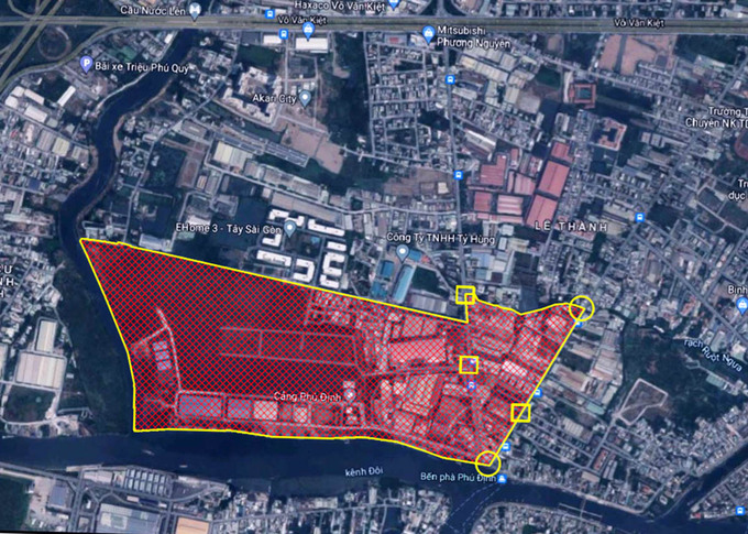 Khu vực được đề xuất phong toả (màu đỏ). Ảnh đồ hoạ: UBND quận 8.