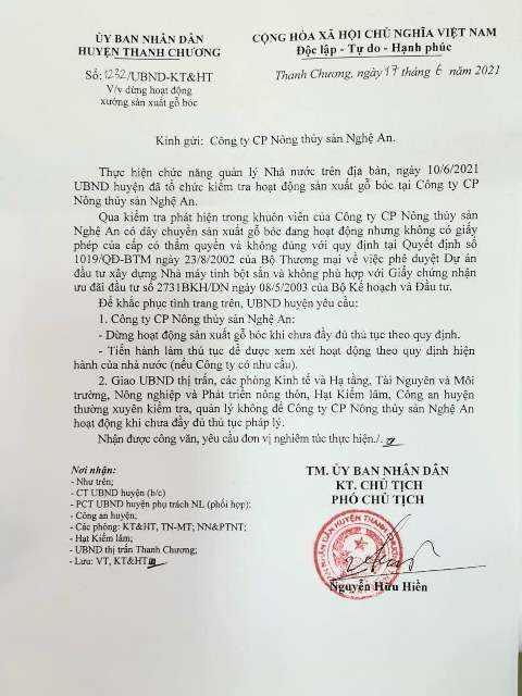 văn bản số 1232/UBND-KT&HT gửi Công ty CP Nông thủy sản Nghệ An về việc dừng hoạt động xưởng sản xuất gỗ bóc khi chưa có giấy phép của các cấp có thẩm quyền