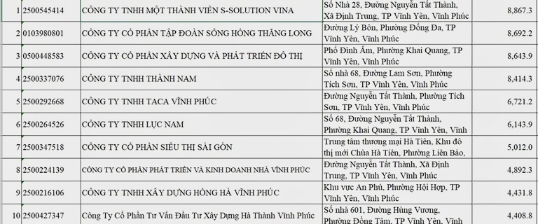 Top 10 doanh nghiệp đầu bảng nợ thuế trên địa bàn thành phố Vĩnh Yên.
