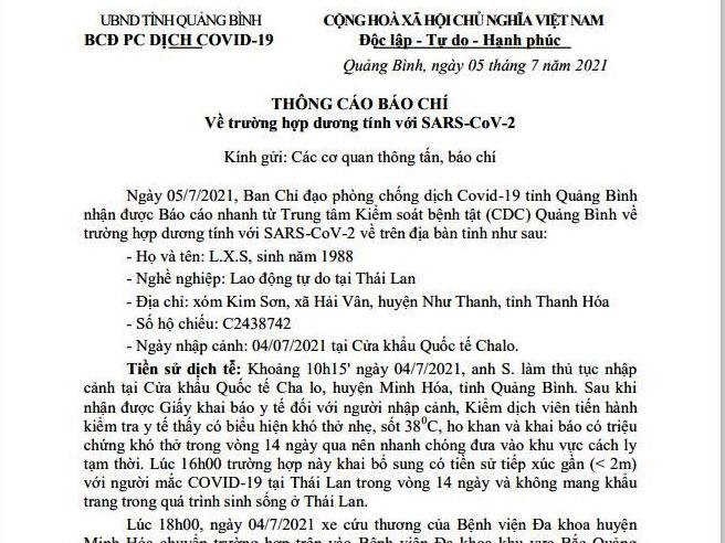 Quảng Bình: Xuất hiện trường hợp nhập cảnh dương tính với SARS-CoV-2
