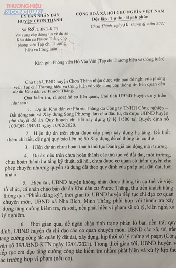 Công văn số 535/UBND-KTN của UBND huyện Chơn Thành