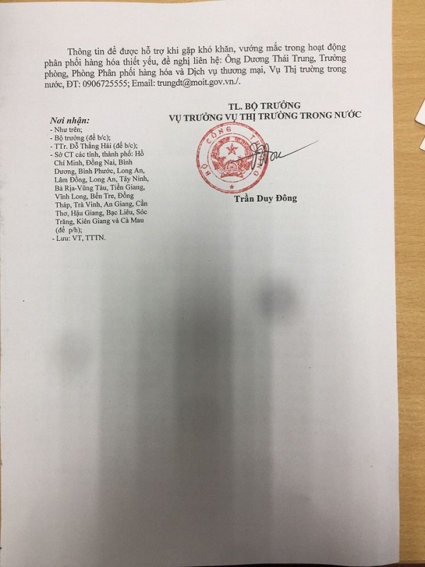 công văn hỏa tốc gửi doanh nghiệp, hợp tác xã phân phối đề nghị tăng cường cung ứng hàng hóa cho TP Hồ Chí Minh và các tỉnh phía Nam