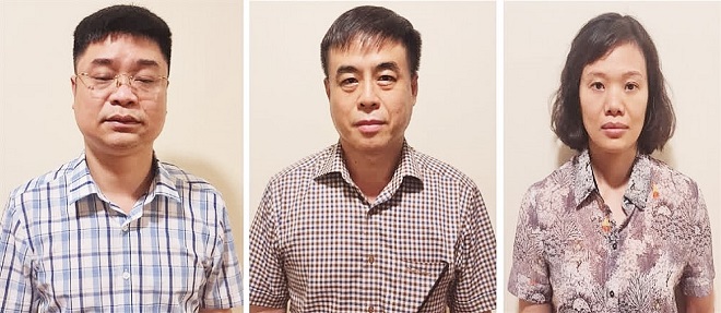 Các bị can (từ trái qua phải): Lê Việt Phương; Phạm Ngọc Hải; Thành Thị Đông Phương