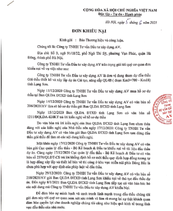 Doanh nghiệp bức xúc vì Ban Quản lý Dự án Đầu tư Xây dựng Lạng Sơn gửi chậm văn bản trả lời khiến nhà thầu bị loại