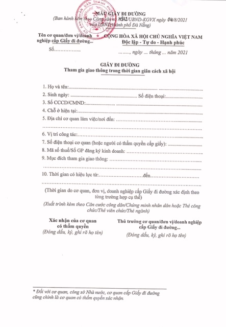 Mẫu giấy đi đường mới do UBND TP. Đà Nẵng ban hành sử dụng trong thời gian giãn cách xã hội