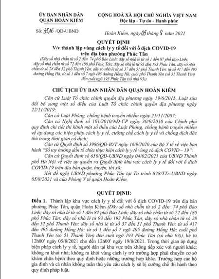 Hà Nội: Quận Hoàn Kiếm thành lâp vùng cách ly y tế với ổ dịch tại phường Phúc Tân