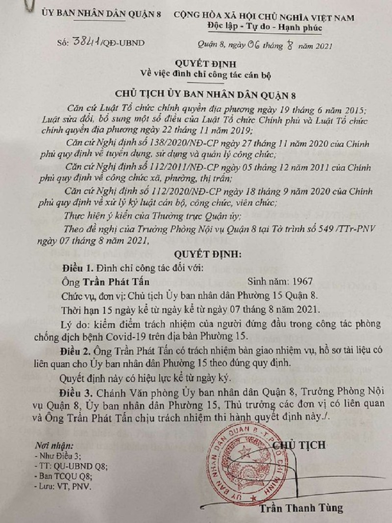 Quyết định đình chỉ ông Trần Phát Tấn, Chủ tịch phường 15, quận 8.