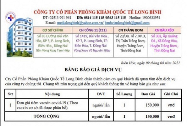Đồng Nai: Phòng khám Đa khoa quốc tế Long Bình bị “tuýt còi” vì đăng bảng giá tiêm vắc xin phòng Covid-19