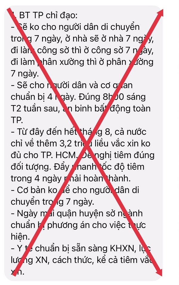 TP. Hồ Chí Minh: Thông tin “không cho người dân di chuyển trong 7 ngày” là giả mạo