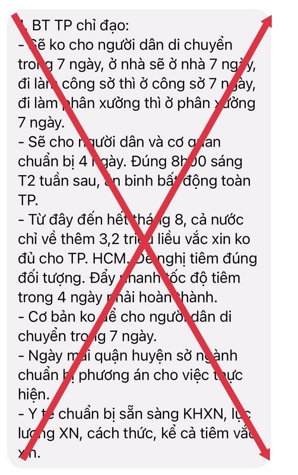 Thông tin "không cho người dân di chuyển trong 7 ngày"' là giả mạo