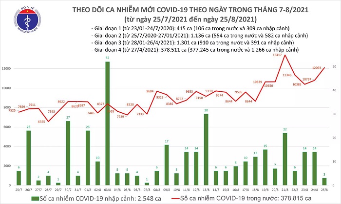 Biểu đồ số ca mắc COVID-19 tại Việt Nam tính đến chiều 25/8