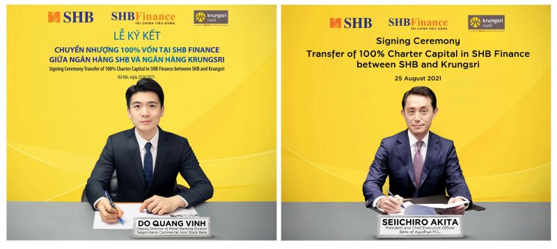 Ông Đỗ Quang Vinh – Giám đốc Khối Ngân hàng số, Phó Giám đốc Khối Ngân hàng Bán lẻ SHB, Chủ tịch HĐTV SHB Finance (tại Việt Nam) và ông Seiichiro Akita – Chủ tịch kiêm CEO Krungsri (tại Thái Lan) ký thỏa thuận chuyển nhượng 100% vốn SHB Finance