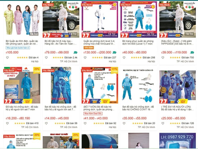 Các gian hàng rao bán quần áo bảo hộ y tế trên sàn thương mại điện tử Lazada (Ảnh chụp màn hình)