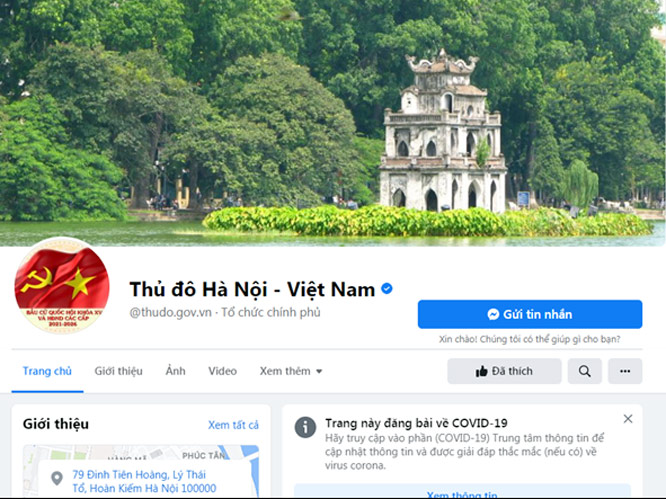 Trang fanpage chính thức của Thủ đô Hà Nội. Địa chỉ: https://www.facebook.com/thudo.gov.vn/