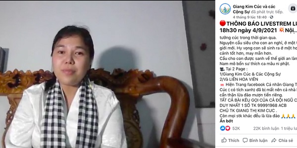 Trưởng nhóm Giang Kim Cúc trong livestream xin lỗi vào ngày 4/9