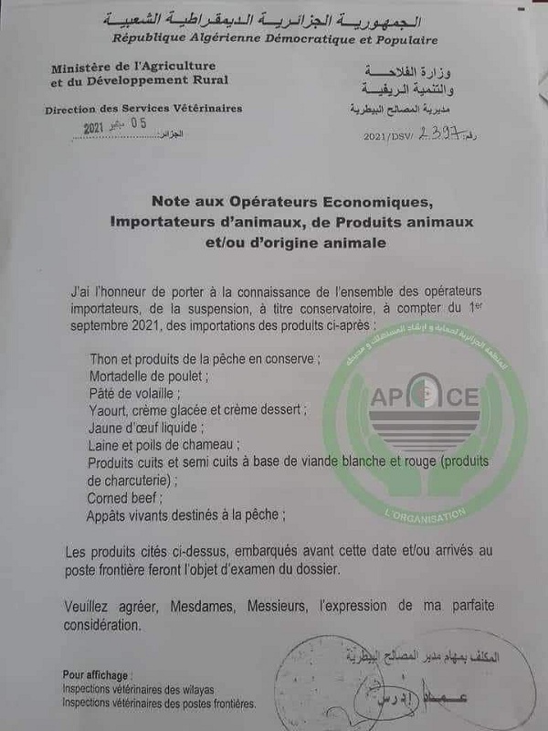 Algeria tạm ngừng nhập khẩu nhiều mặt hàng có nguồn gốc từ động vật