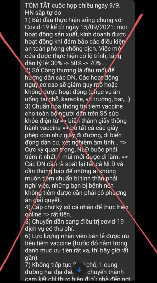 Thông tin “Hà Nội sống chung với Covid-19 từ 15/9” là giả