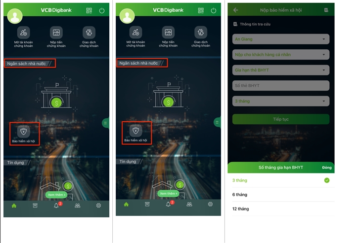 Hướng dẫn đóng tiếp bảo hiểm xã hội tự nguyện, gia hạn thẻ bảo hiểm y tế qua ứng dụng trực tuyến của ngân hàng