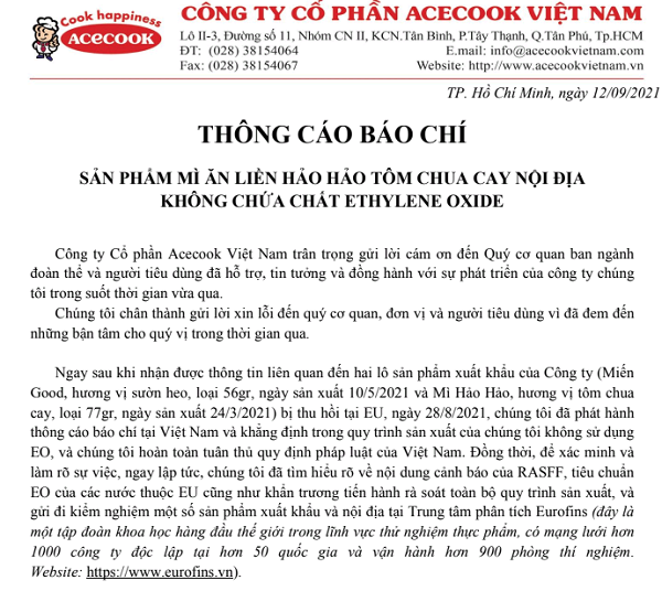 Thông cáo báo chí của Công ty Cổ phần Acecook Việt Nam nêu rõ: 