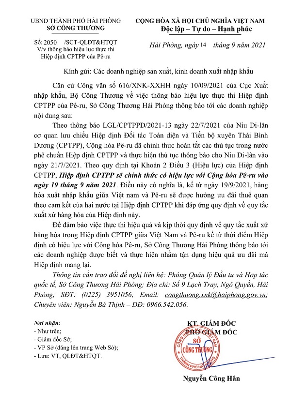 Hải Phòng: Sở Công thương thông báo hiệu lực thực thi hiệp định CPTPP của Pê-ru