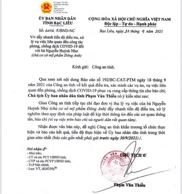 Văn bản chỉ đạo của Chủ tịch UBND tỉnh Bạc Liêu