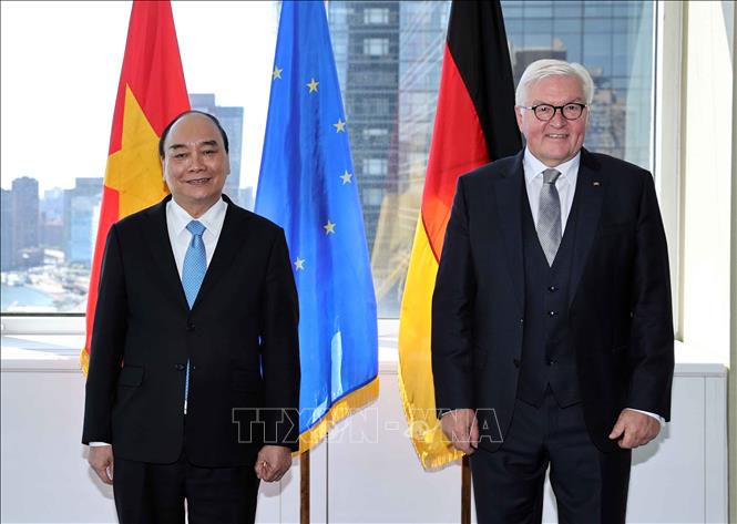 Chủ tịch nước Nguyễn Xuân Phúc gặp Tổng thống Đức Frank-Walter Steinmeier. Ảnh: Thống Nhất/TTXVN