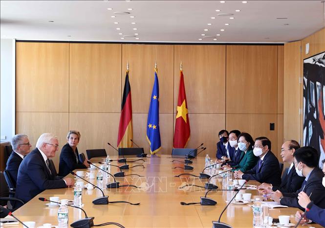 Chủ tịch nước Nguyễn Xuân Phúc gặp Tổng thống Đức Frank-Walter Steinmeier. Ảnh: Thống Nhất/TTXVN