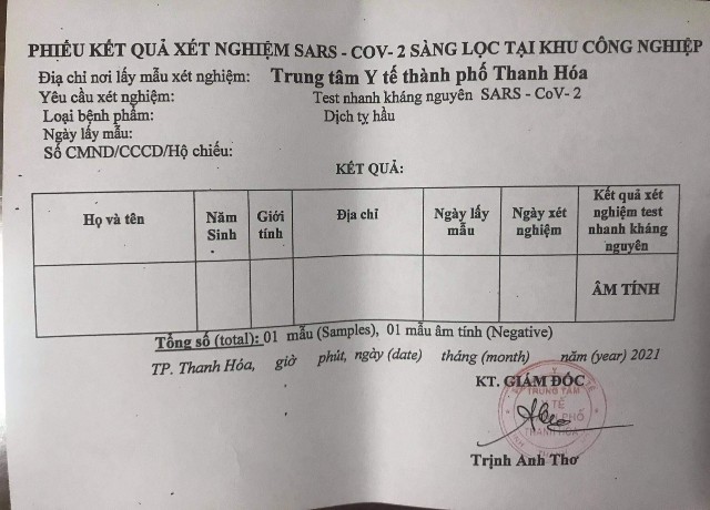 Trung tâm Y tể TP. Thanh Hóa: Phát phiếu xét nghiệm âm tính SARS-CoV- 2 bỏ “trắng” nội dung