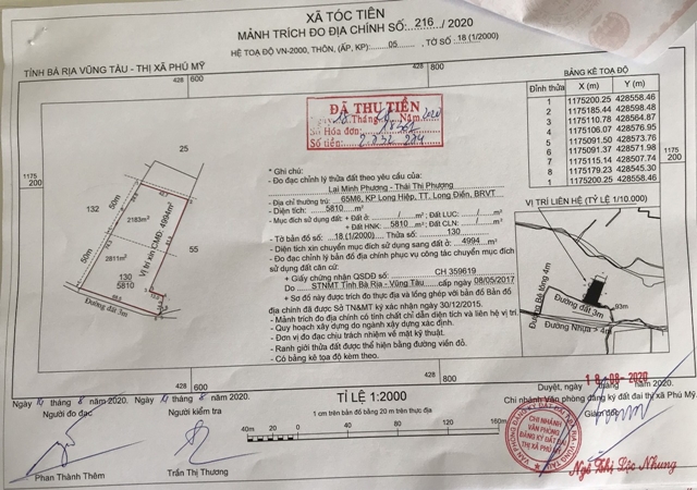 Giấy chứng nhận QSDĐ của thửa đất số 130, tờ bản đồ 18, diện tích 5.306m2 tại xã Tóc Tiên đứng tên ông Lại Minh Phương mà bà Nga bán cho ông Cường, bà Hà.