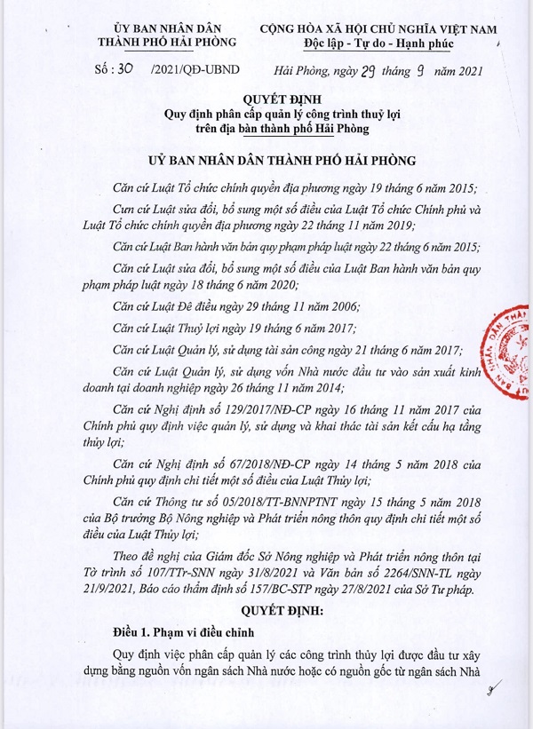 Hải Phòng: Quy định phân cấp quản lý công trình thủy lợi