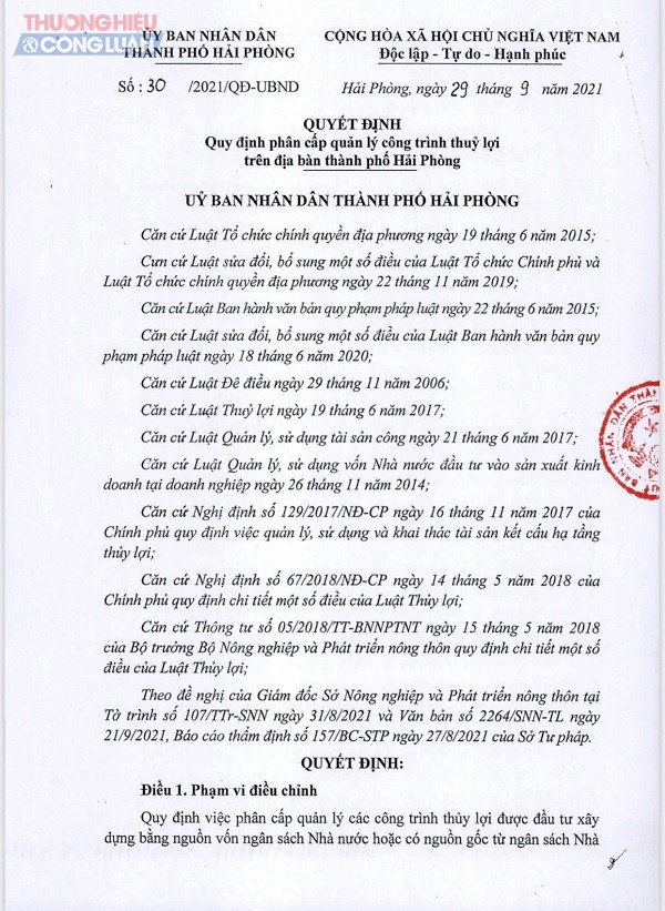 Quyết định số 30/2021/QĐ-UBND quy định phân cấp quản lý công trình thủy lợi trên địa bàn thành phố