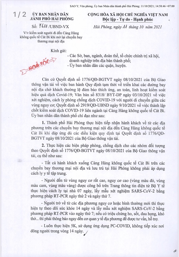 Hải Phòng: Hành khách xuống Cảng hàng không quốc tế Cát Bi không phải cách ly tập trung