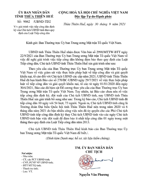 Văn bản giải trình của UBND tỉnh TT Huế về Tiếp công dân