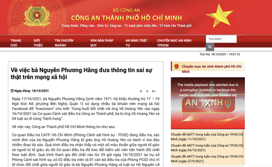 Thông báo của Công an TP HCM trên Cổng thông tin điện tử liên quan đến việc bà Nguyễn Phương Hằng tố bị hành hung ngay tại trụ sở cơ quan điều tra