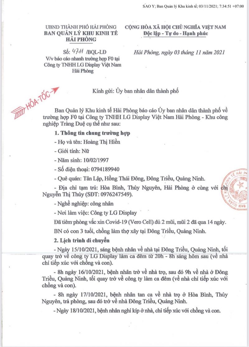 Hải Phòng: Báo cáo nhanh về trường hợp F0 tại công ty TNHH LG Display Việt Nam Hải Phòng