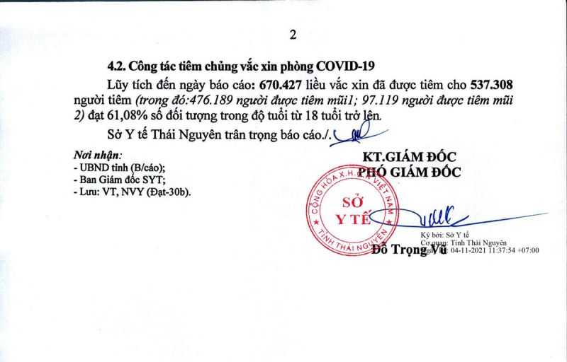 Toàn văn báo cáo nhanh Số 4995/ BC-SYT của Sở Y tế tỉnh Thái Nguyên ngày 4/11/2021.