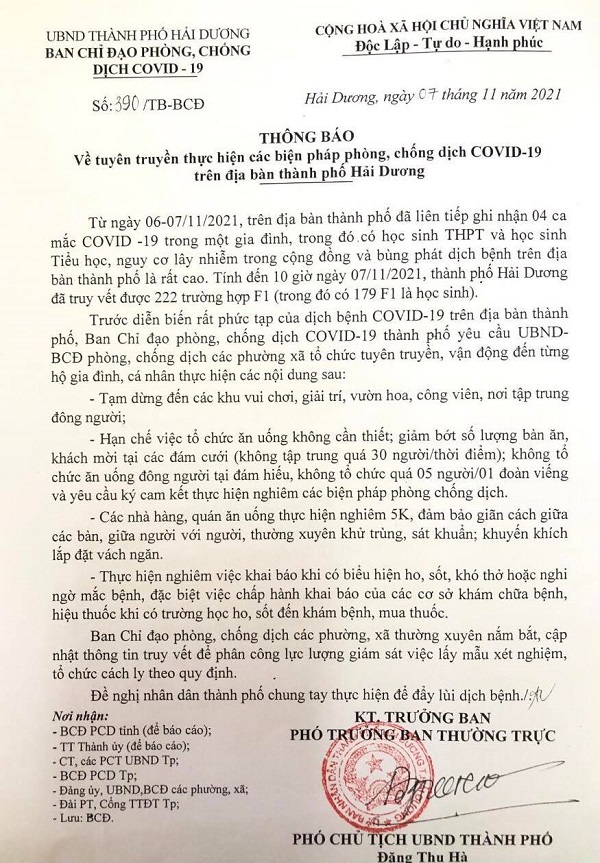 Văn bản thông báo về thực hiện biện pháp phòng chống dịch Covid-19 trên địa bàn TP. Hải Dương