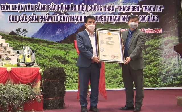 Lãnh đạo Viện Khoa học Sở hữu trí tuệ trao Giấy chứng nhận Văn bằng bảo hộ nhãn hiệu Thạch đen - Thạch An cho lãnh đạo huyện Thạch An.